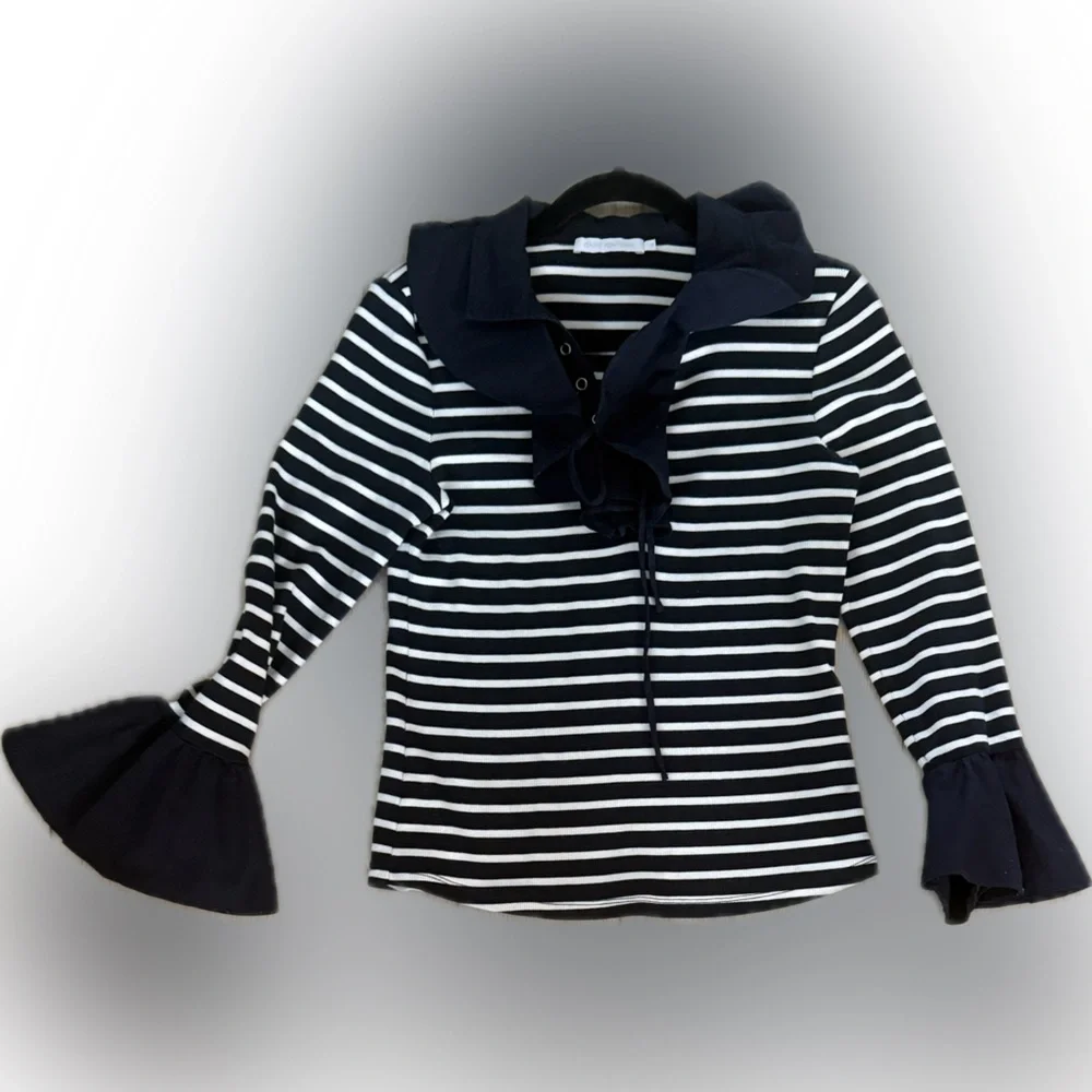 Anne Fontaine Navy and White Striped Lace-Up coquillage Top, size Medium‎